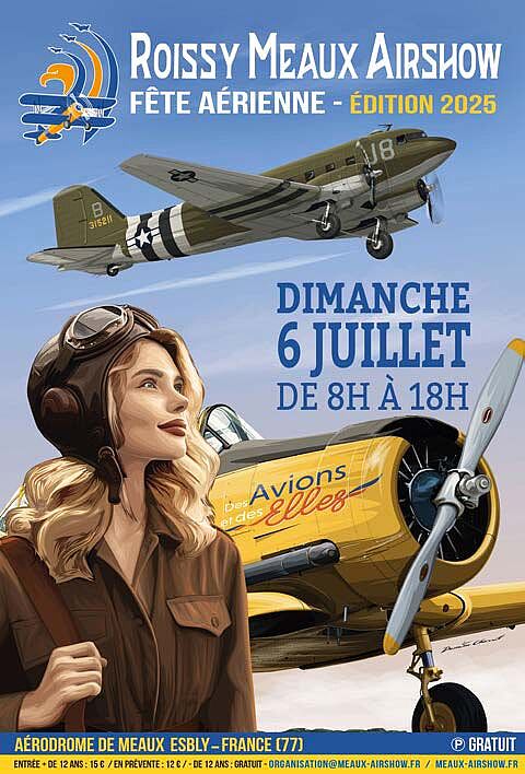 Affiche du Roissy Meaux Air Show, présentant une femme et deux avions - Agrandir l'image (fenêtre modale)